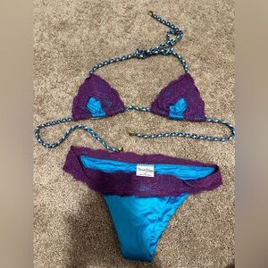 Beach Bunny Purple Lace & Teal Bikini Set with Braided Straps